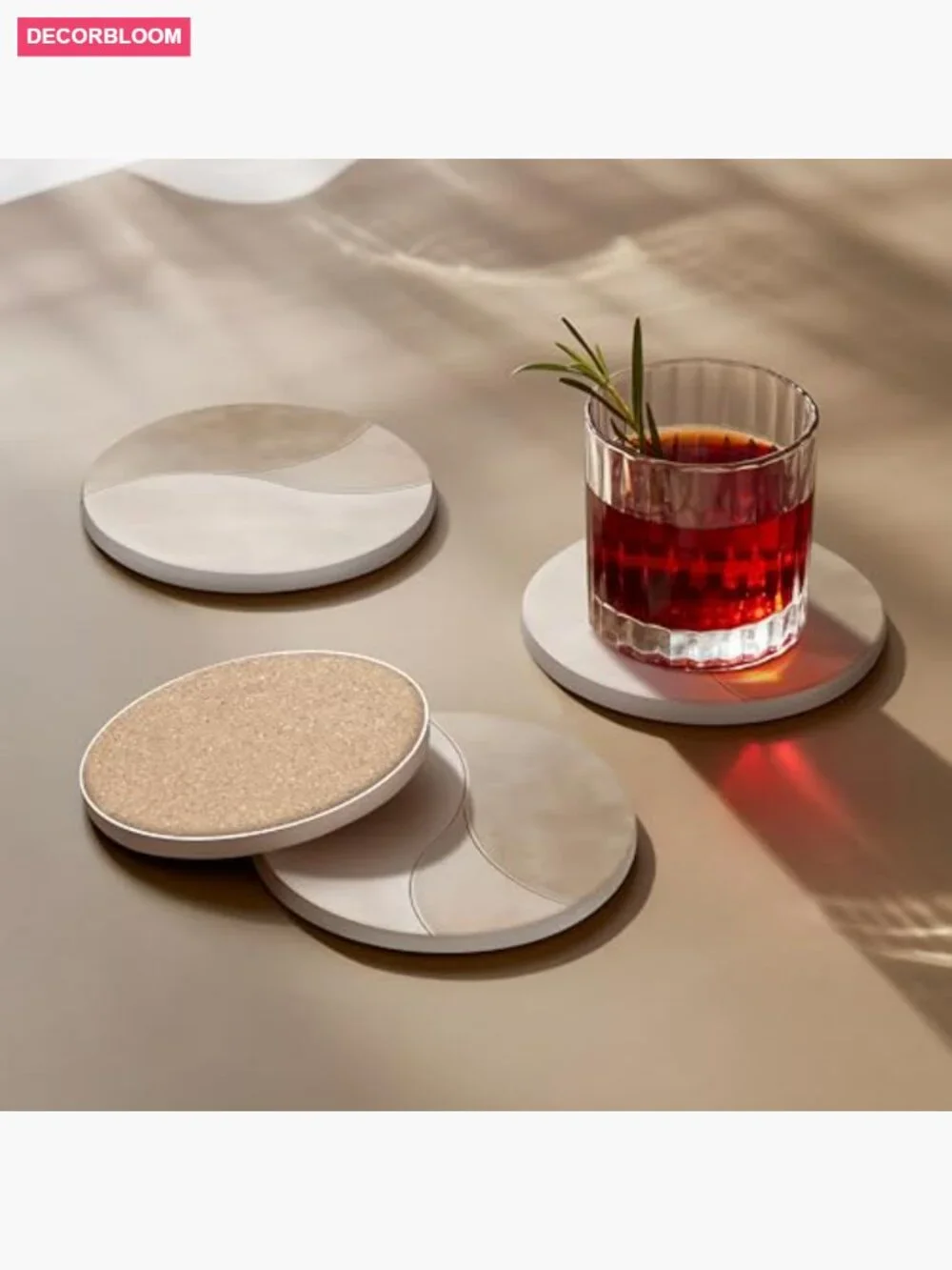 Absorbent Ceramic Coasters Set of 6 – Non-Slip Cork Backing, Stone Drink